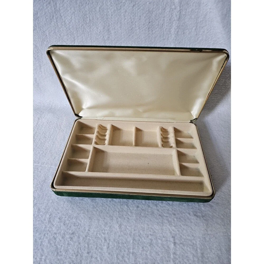 Vintage Green Velvet Jewelry Box Gold Tone Trim Ring Earring Trinket Storage